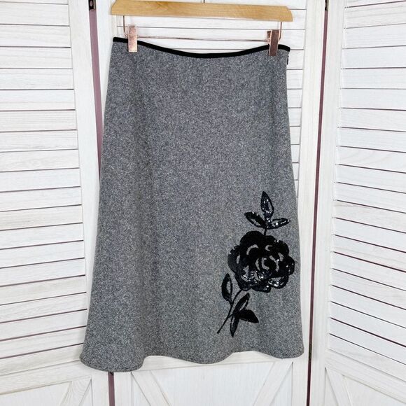 The Limited Sequin Flower Wool Silk Blend Tweed A Line Skirt Grey 4 Retro Career - Picture 8 of 12